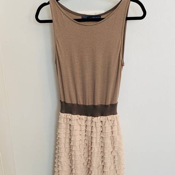 Zara Dresses & Skirts - Zara Pink Gray Cream Striped Ruffle Dress - M
